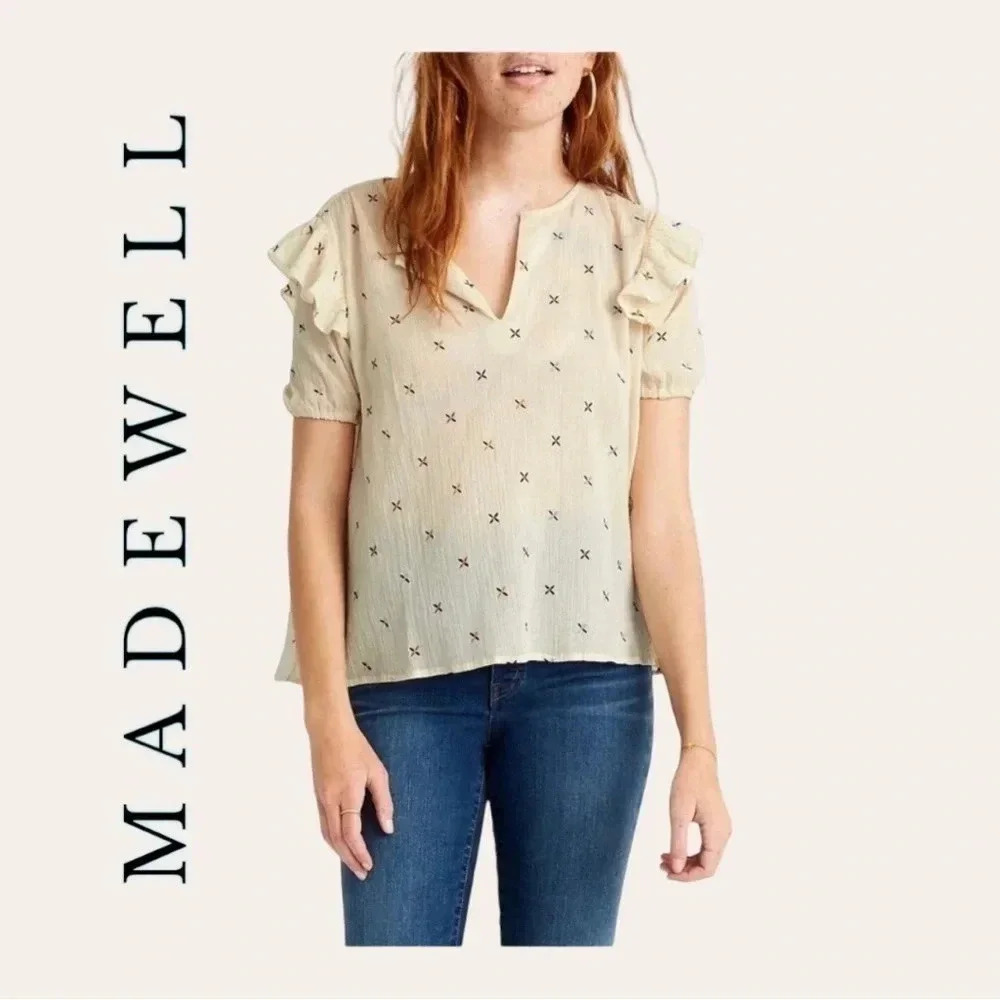 0458W. MADEWELL SHORT SLEEVE BLOUSE WITH EMBROIDERY CREAM IN COLOR RUFFLES